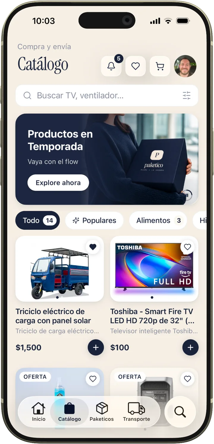 Catálogo de productos — pantalla principal con categorías y productos populares