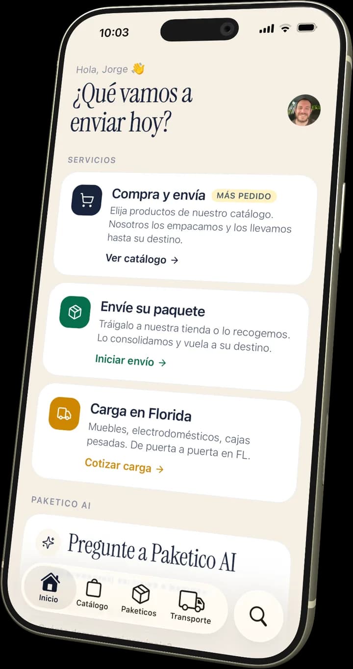 Paketico app — pantalla de inicio