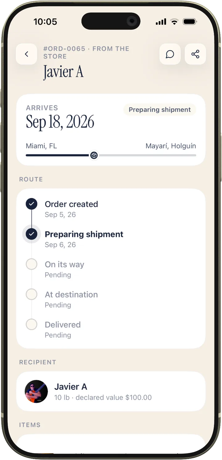 Order tracking — timeline showing status from order created to delivered
