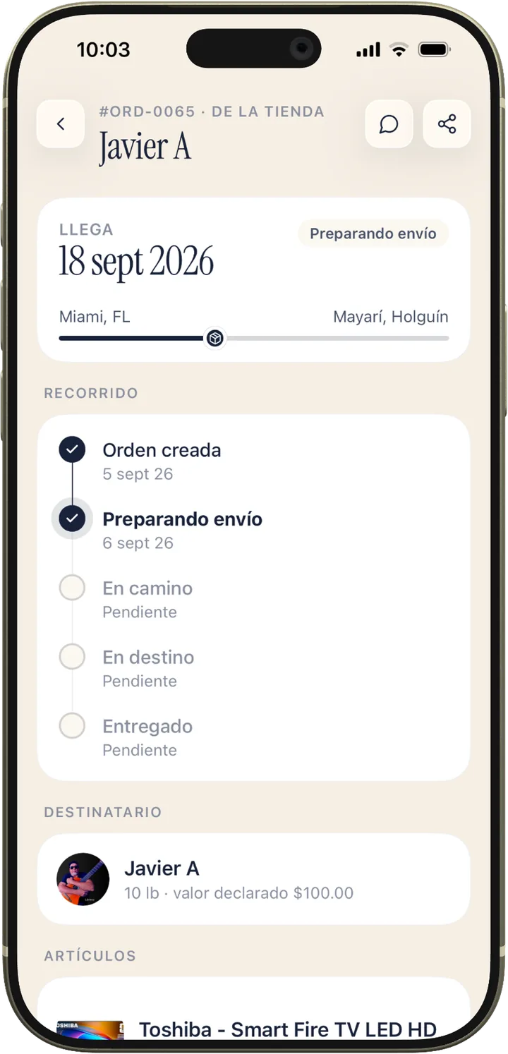 Seguimiento de pedido — timeline mostrando estado desde orden creada hasta entregado