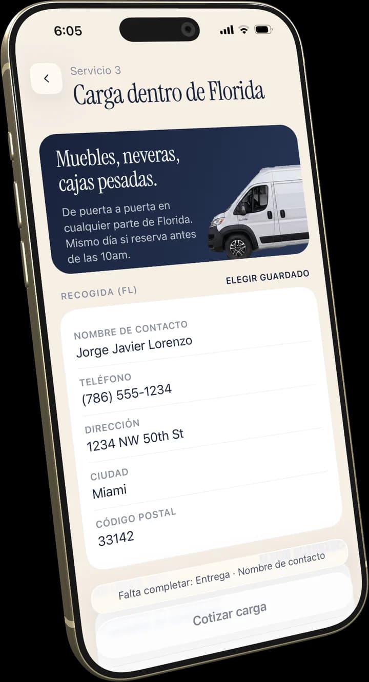 Pantalla de Carga en Florida de la app Paketico — formulario de recogida