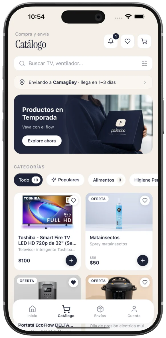 Catálogo de productos — pantalla principal con categorías y productos populares