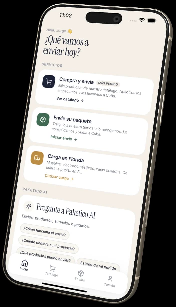 Paketico app — pantalla de inicio