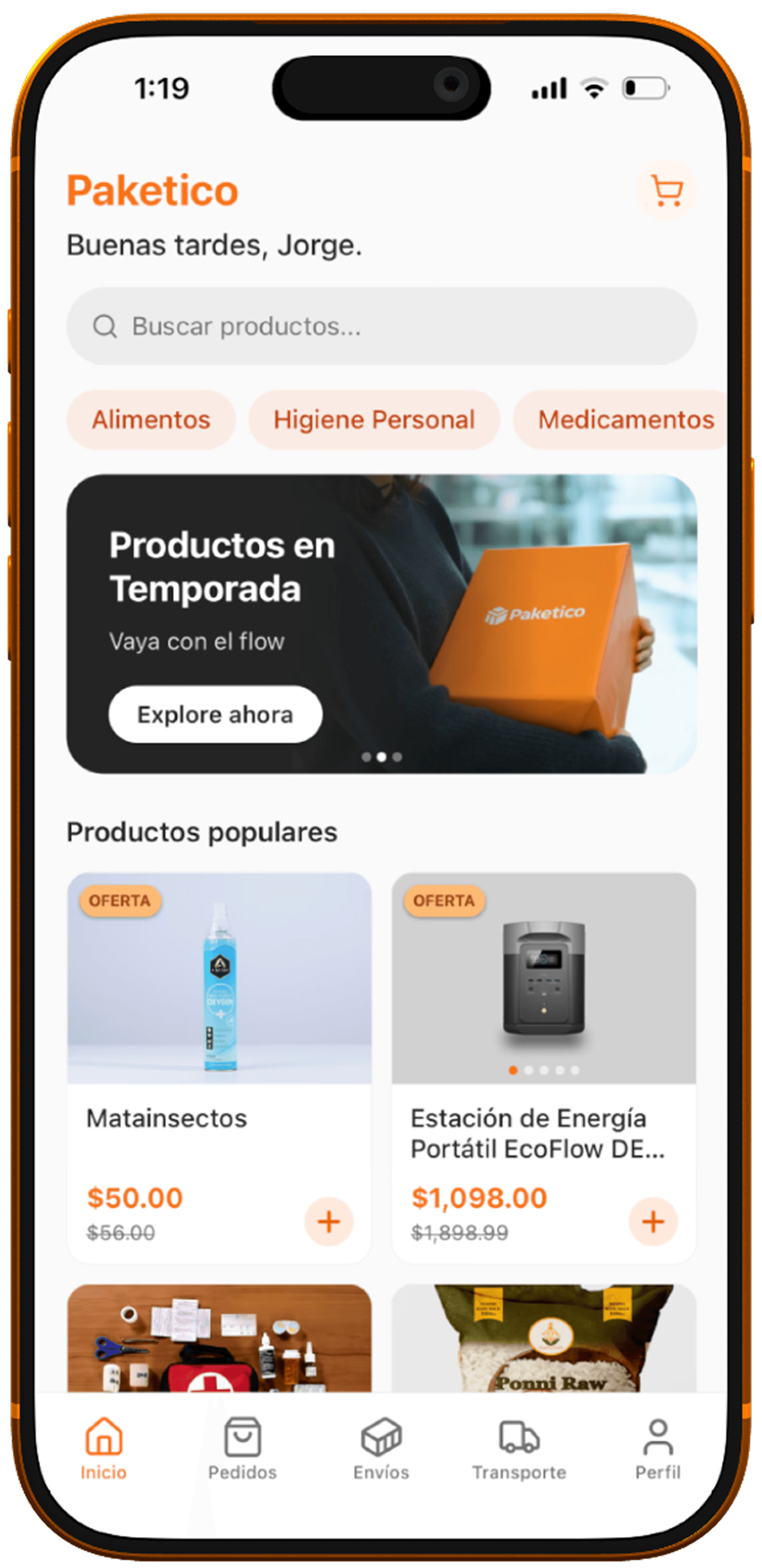 Paketico app — pantalla de inicio