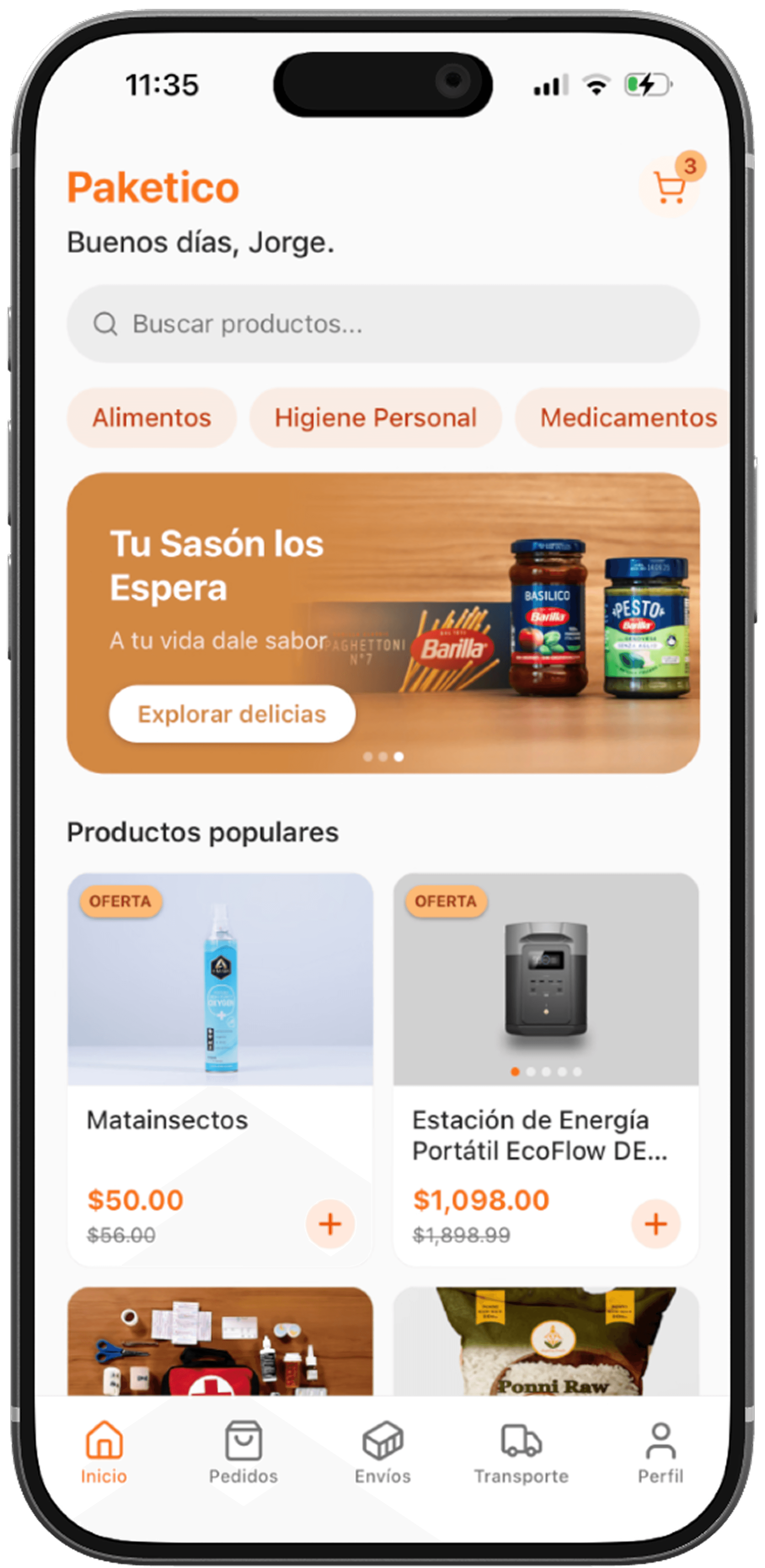 Catálogo de productos — pantalla principal con categorías y productos populares