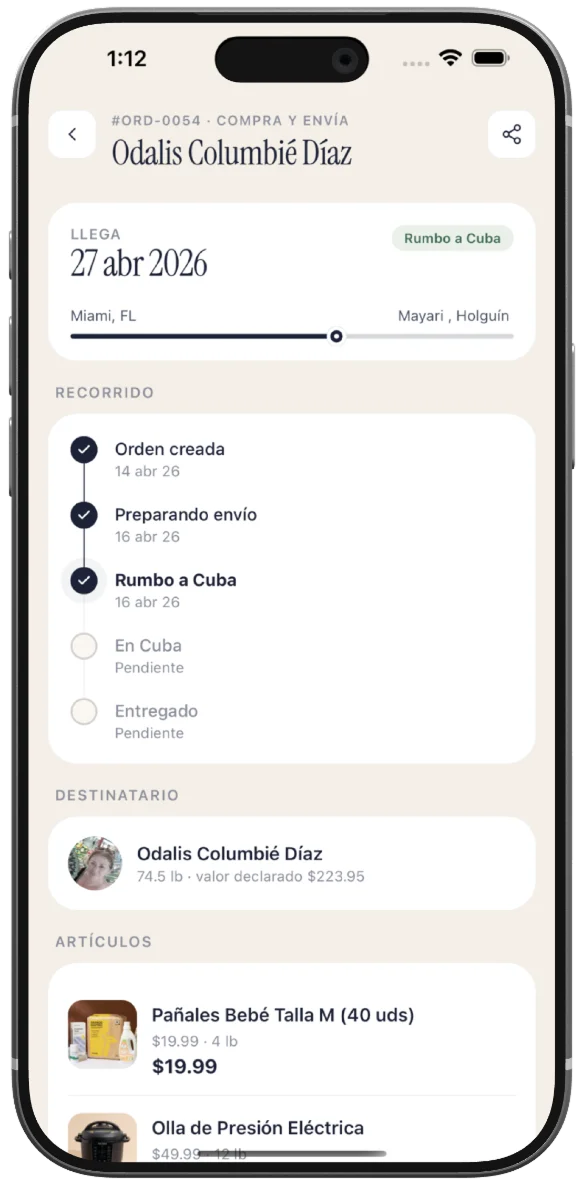 Seguimiento de pedido — timeline mostrando estado desde orden creada hasta entregado