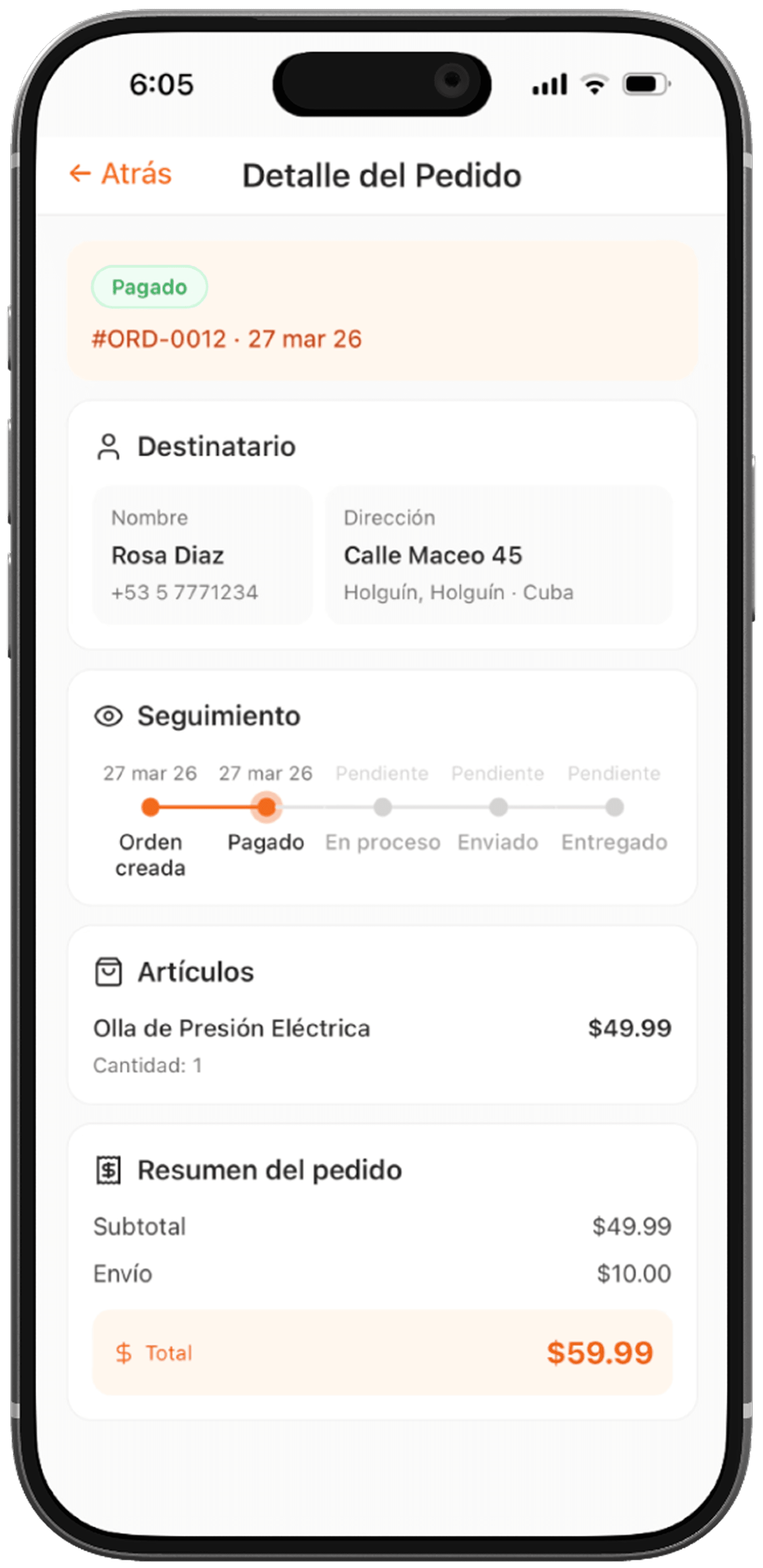 Seguimiento de pedido — timeline mostrando estado desde orden creada hasta entregado