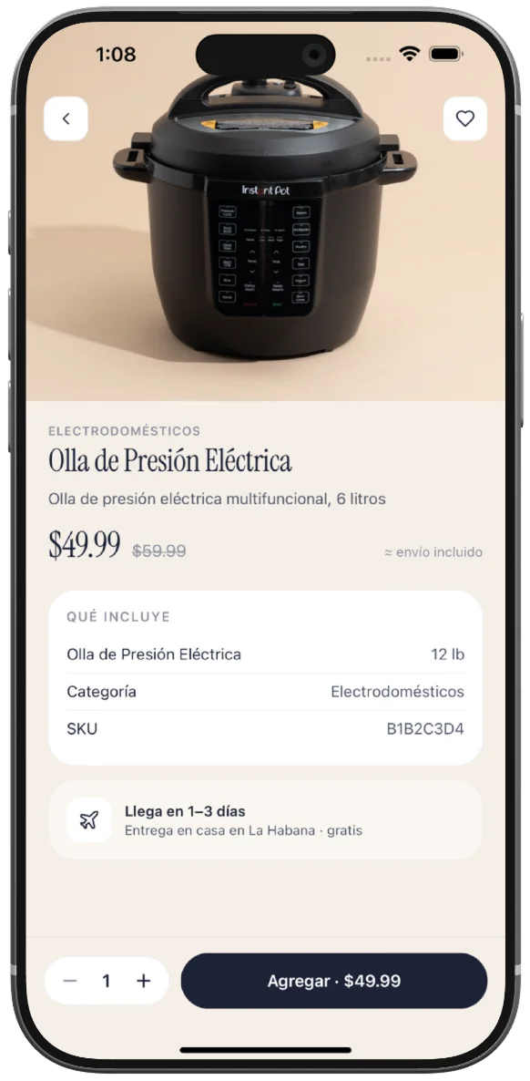 Detalle de producto — Olla de presión eléctrica con precio y botón de compra