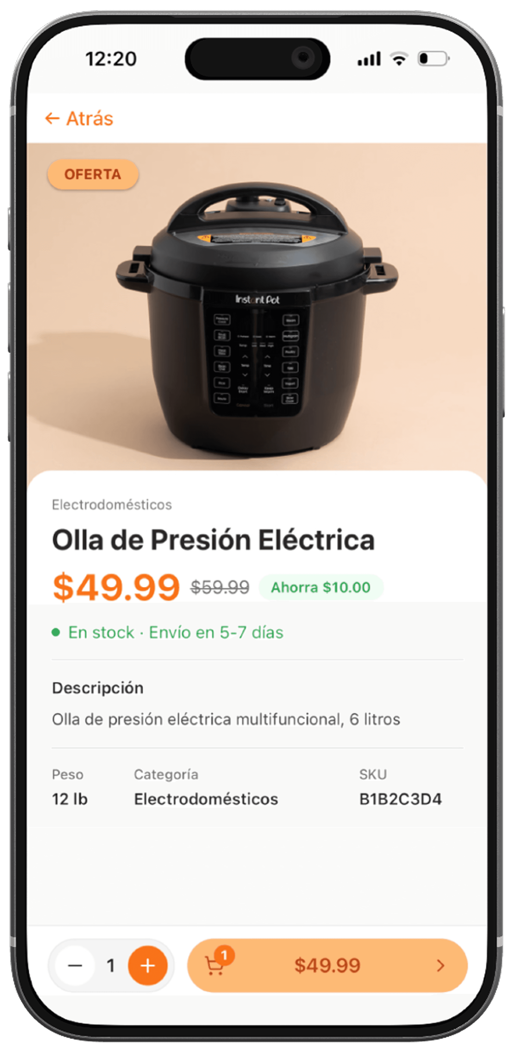 Detalle de producto — Olla de presión eléctrica con precio y botón de compra